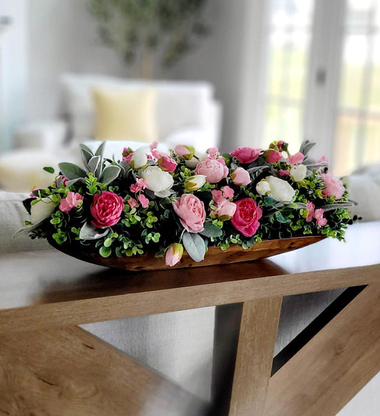 Dough Bowl Peony Centerpiece Pink Silk Flower Arrangement Wedding Gift Farmhouse Rustic Display Dining Table Spring Styling White Cream Blooms Eucalyptus Greenery Beautiful Romantic Elegant Design Artificial Flowers Maintenance Free Year