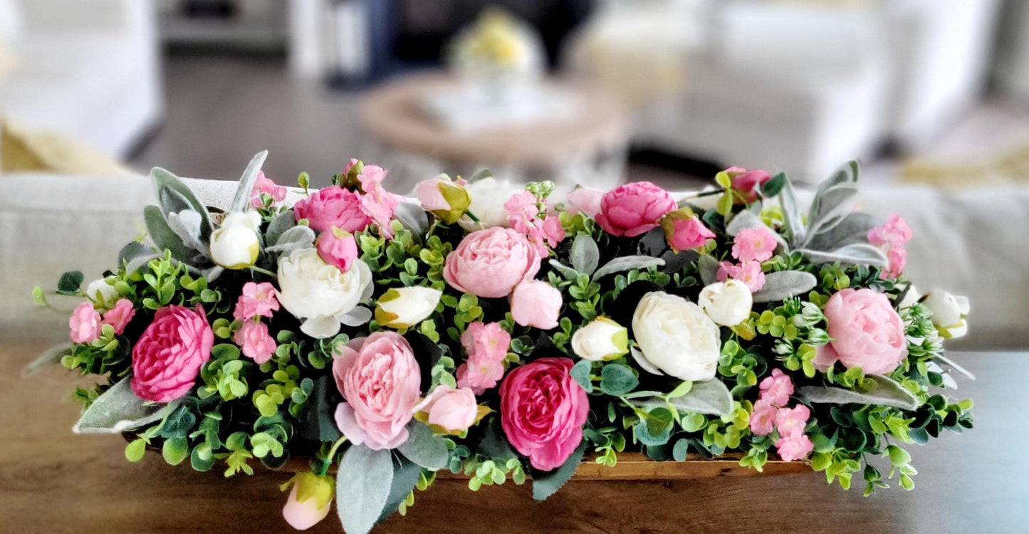 Pink Peony Centerpiece in Wood Dough Bowl