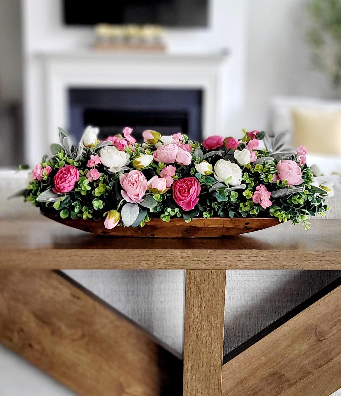 Pink Peony Centerpiece in Wood Dough Bowl