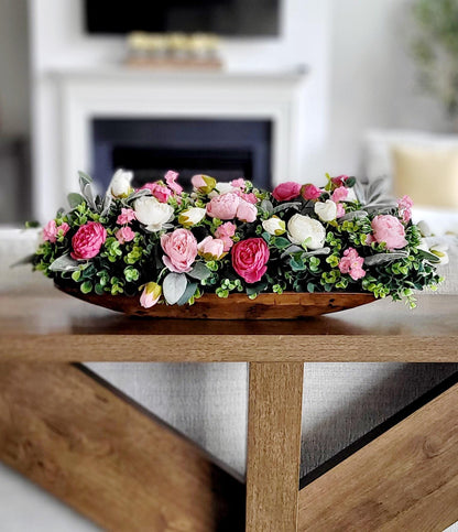 Pink Peony Centerpiece in Wood Dough Bowl