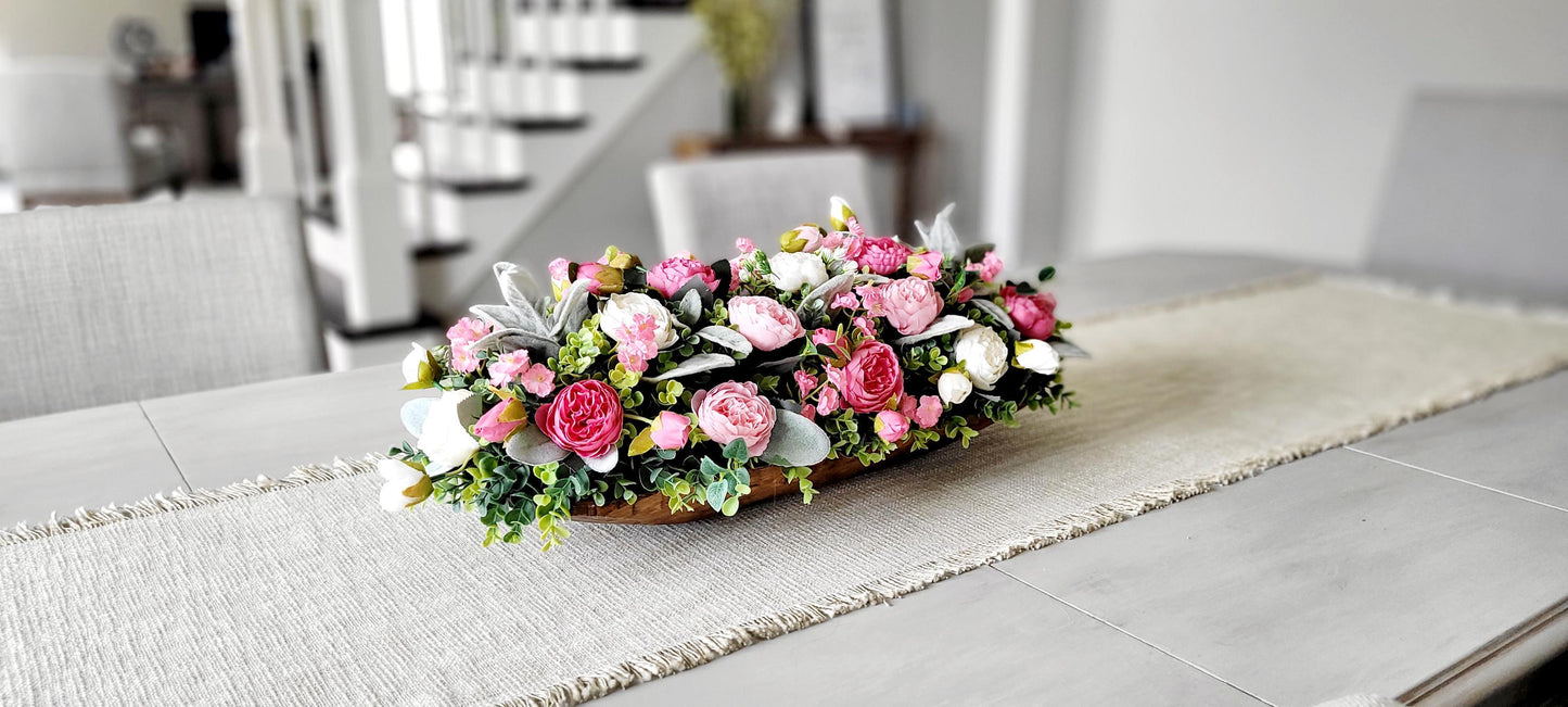 Pink Peony Centerpiece in Wood Dough Bowl