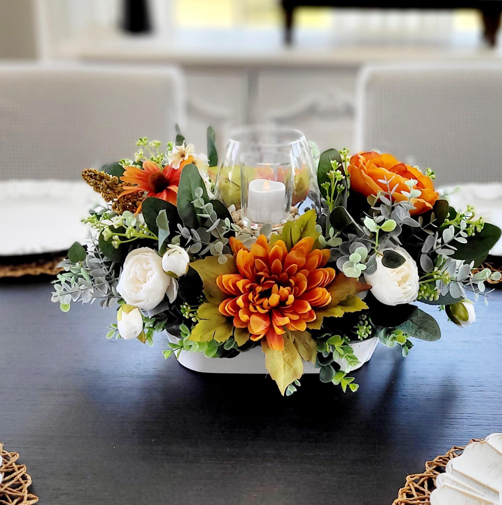 Sunflower Arrangement Farmhouse Style Display Fall Centerpiece Dough Bowl Collection Autumn Dining Table Kitchen Harvest Styling Silk Mums Eucalyptus Greenery Glass Vase Candle Holder Battery Operated Lighting Rustic Home Seasonal Accent
