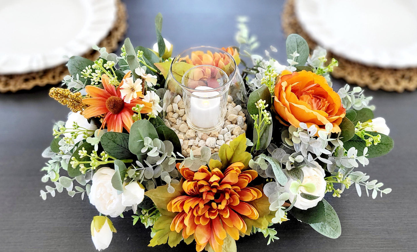 Thanksgiving Table Centerpiece Fall Sunflower Arrangement Dough Bowl Farmhouse Display Autumn Harvest Kitchen Dining Room Styling Silk Flowers Eucalyptus Greenery Glass Candle Holder Battery Operated Votive Rustic Home Seasonal Accent Ready