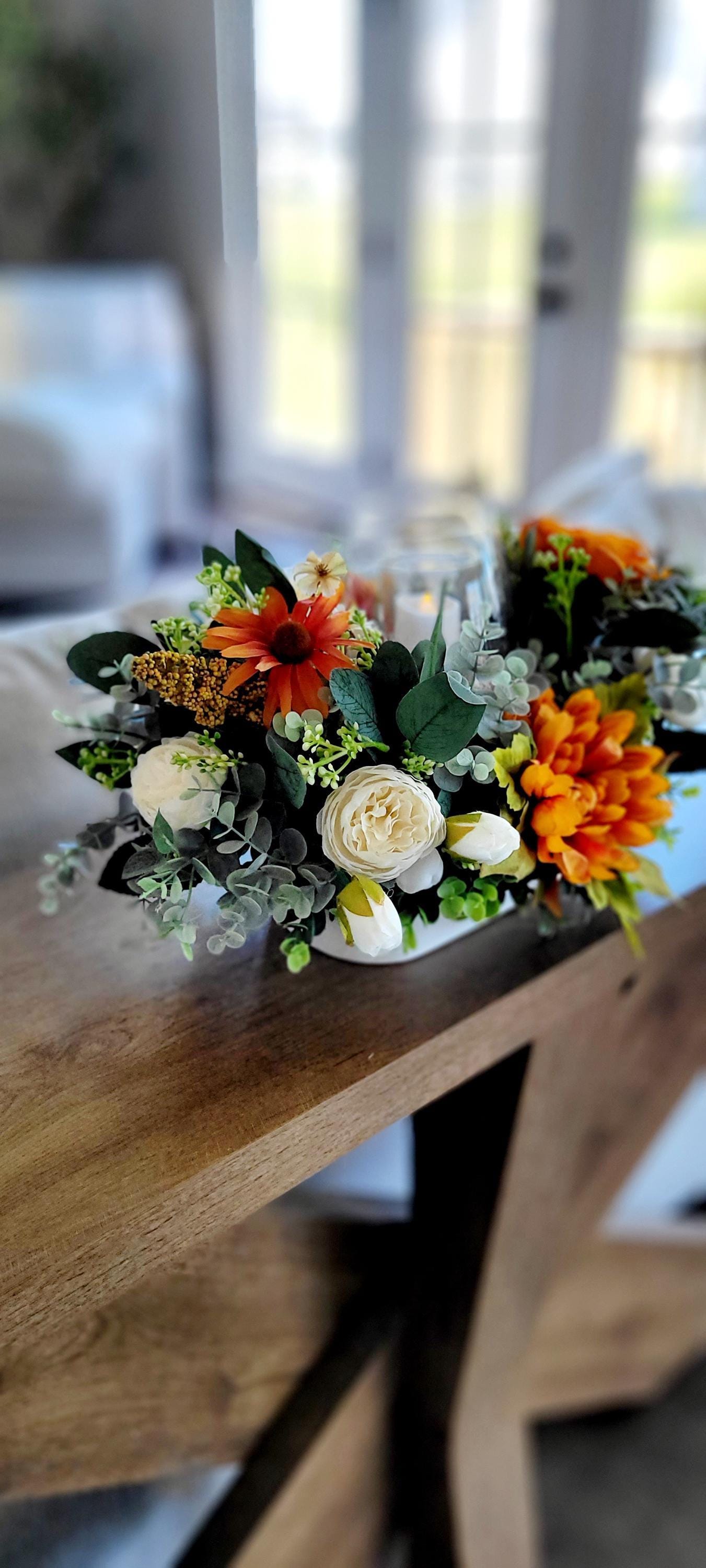 Seasonal Dining Centerpiece Fall Sunflower Dough Bowl Arrangement Farmhouse Kitchen Table Autumn Harvest Display Rustic Home Styling Thanksgiving Entertaining Essential Silk Faux Flowers Eucalyptus Mums Artificial Greenery Battery Candle