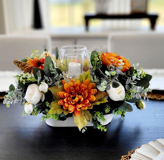 Fall Table Centerpiece Sunflower Arrangement Dough Bowl Display Farmhouse Dining Room Kitchen Styling Silk Flowers Eucalyptus Greenery Glass Candle Holder Battery Operated Votive Autumn Harvest Celebration Rustic Home Seasonal Styling
