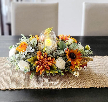 Fall Table Centerpiece – Sunflower Dough Bowl Farmhouse Arrangement