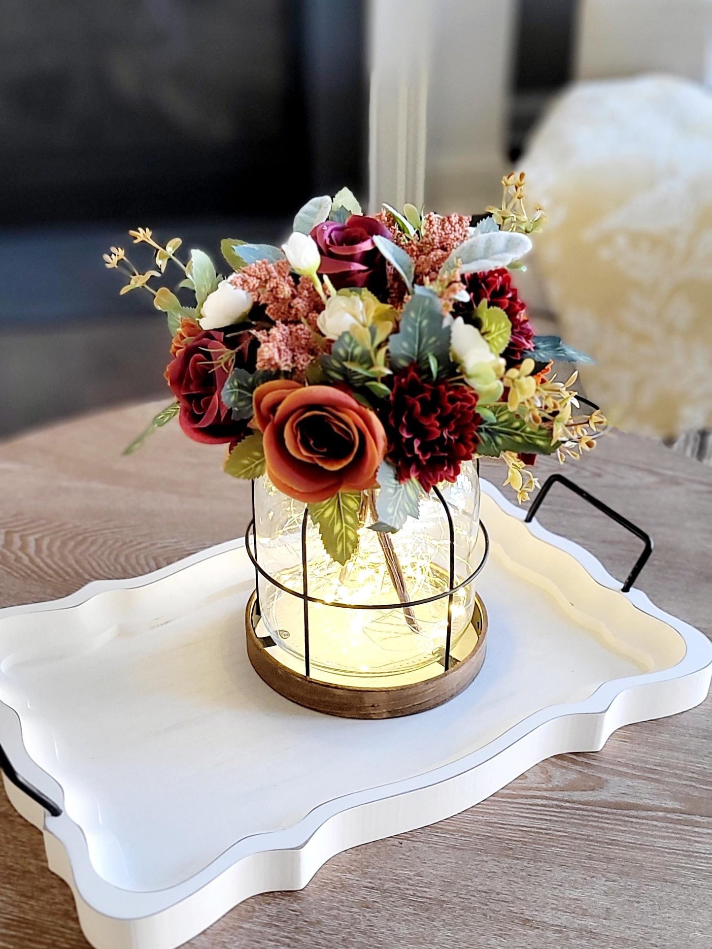 Fall Lantern Centerpiece Rustic Wedding Table Arrangement Lighted Flower Display Burgundy Rose Arrangement Artificial Silk Flowers Glass Vase Battery Operated Fairy Lights Vintage Farmhouse Style Autumn Home Styling Seasonal Celebration