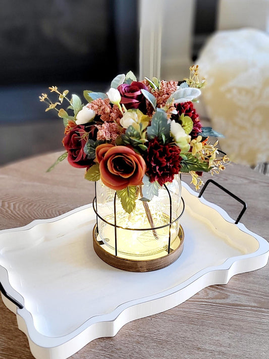 Fall Lantern Centerpiece Rustic Wedding Table Arrangement Lighted Flower Display Burgundy Rose Arrangement Artificial Silk Flowers Glass Vase Battery Operated Fairy Lights Vintage Farmhouse Style Autumn Home Styling Seasonal Celebration