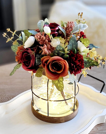 Rustic Wedding Centerpiece Lighted Fall Arrangement Burgundy Silk Roses Cream Dahlia Blooms Glass Vase With Fairy Lights Battery Powered LED Display Farmhouse Table Styling Autumn Seasonal Celebration Vintage Wooden Lantern Design