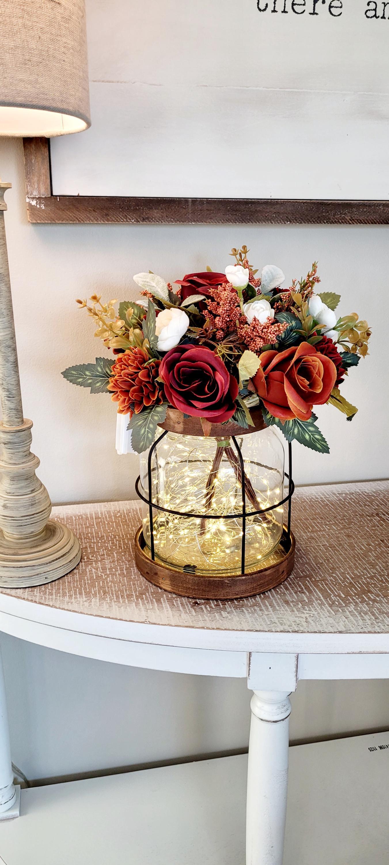 Farmhouse Lantern Display Fall Wedding Centerpiece Lighted Burgundy Rose Arrangement Rustic Glass Vase With Battery Lights Artificial Silk Flower Collection Vintage Wooden Base Design Autumn Table Styling Seasonal Celebration Essential Warm