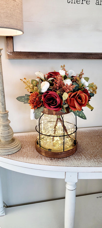 Farmhouse Lantern Display Fall Wedding Centerpiece Lighted Burgundy Rose Arrangement Rustic Glass Vase With Battery Lights Artificial Silk Flower Collection Vintage Wooden Base Design Autumn Table Styling Seasonal Celebration Essential Warm