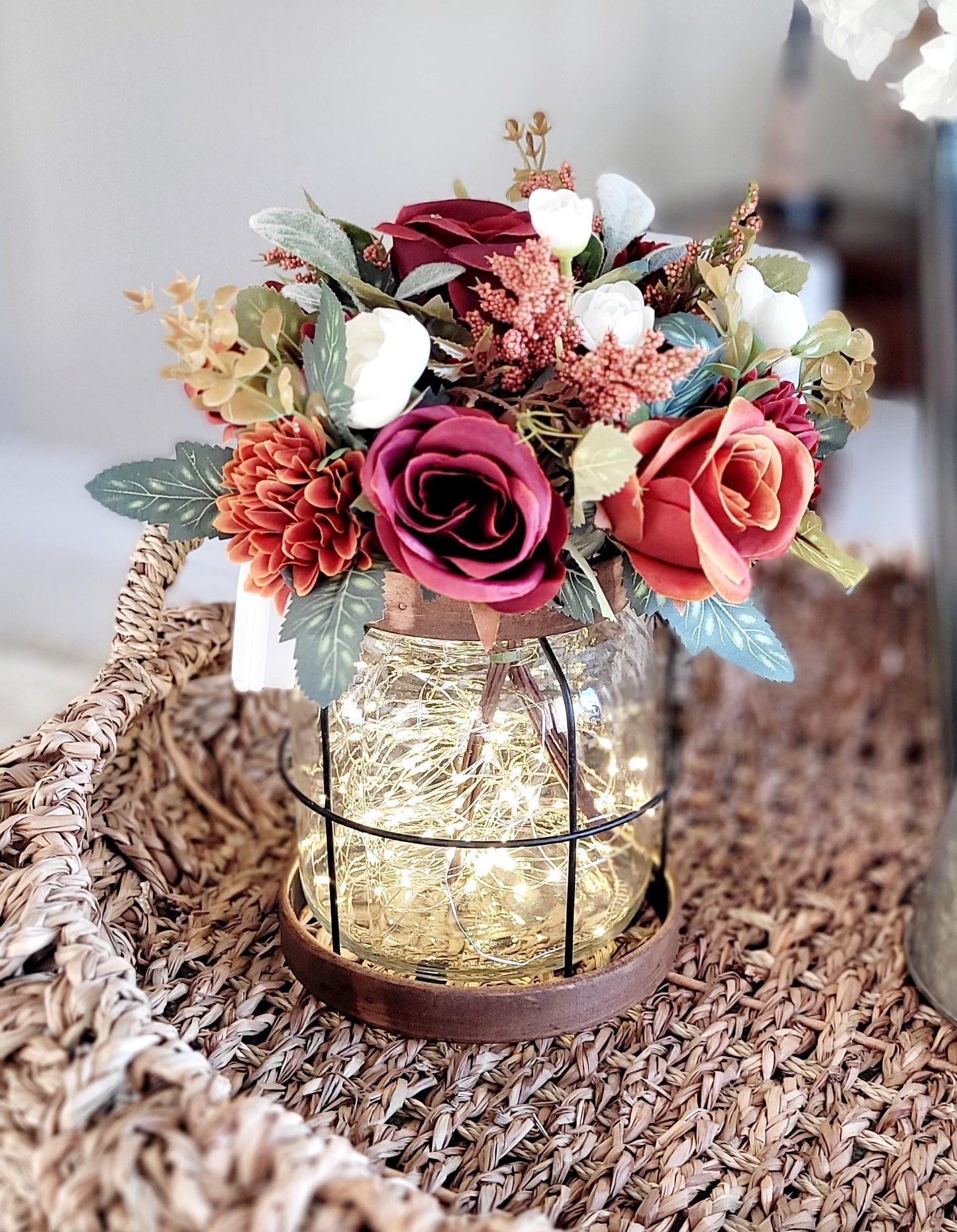 Fall Lantern Centerpiece – Lighted Rustic Wedding Silk Flower Display