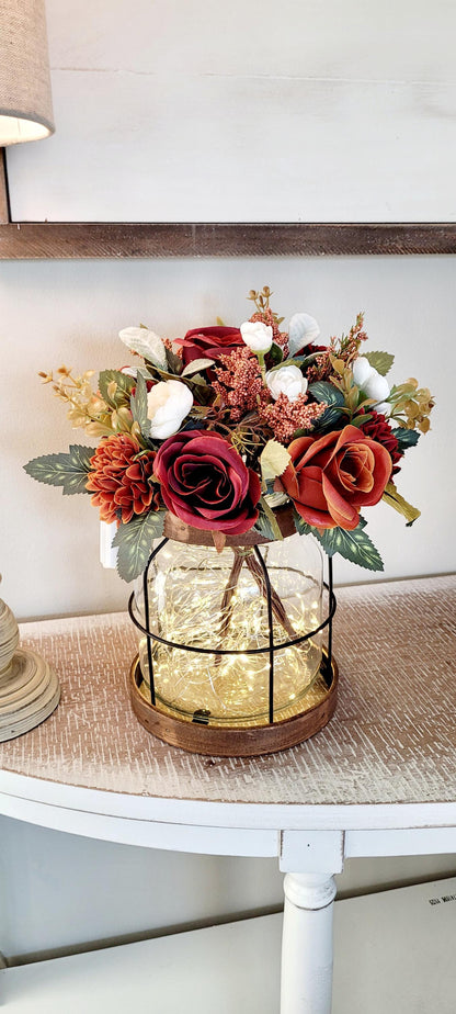 Fall Lantern Centerpiece – Lighted Rustic Wedding Silk Flower Display