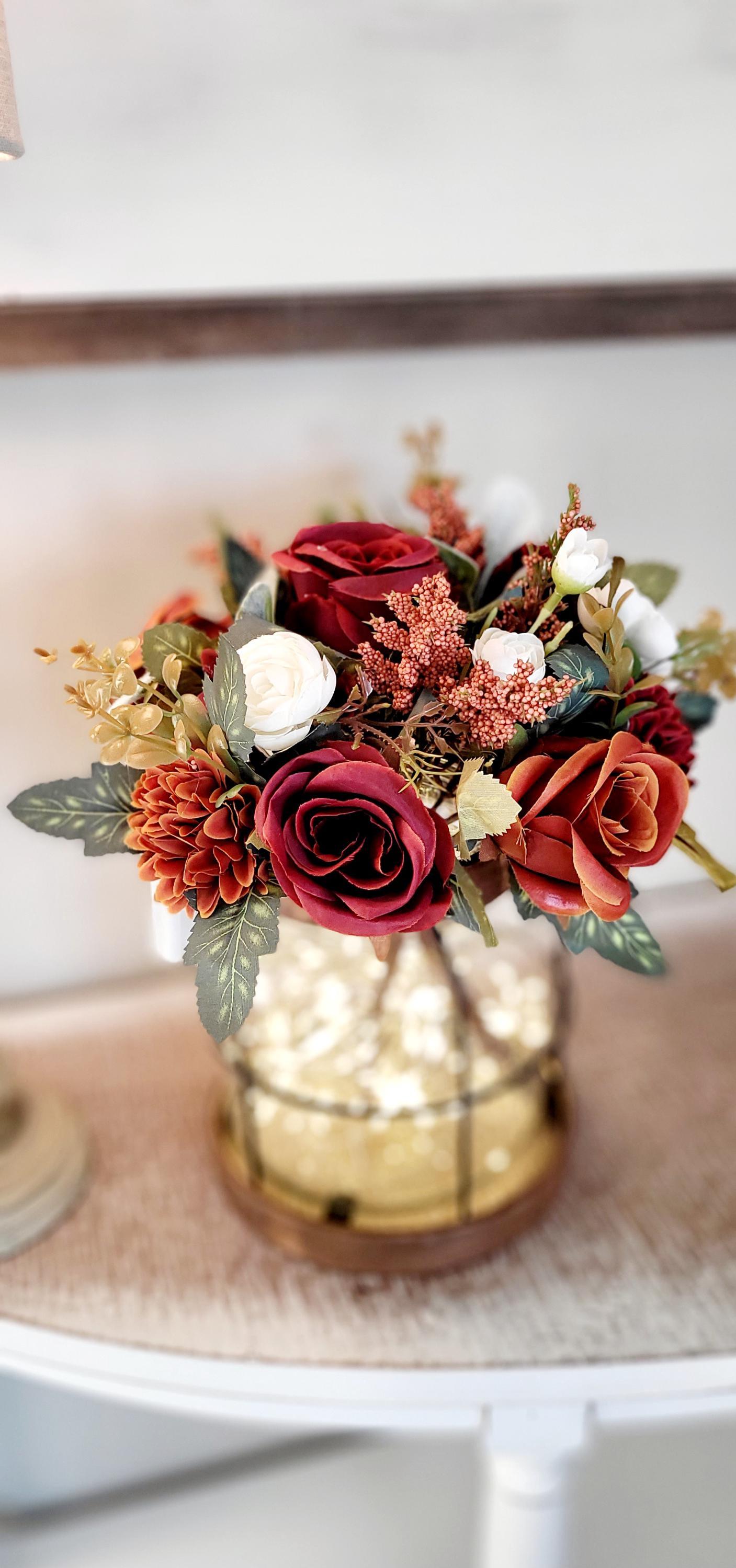 Fall Lantern Centerpiece – Lighted Rustic Wedding Silk Flower Display