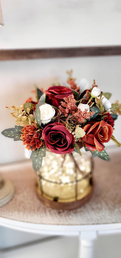 Fall Lantern Centerpiece – Lighted Rustic Wedding Silk Flower Display