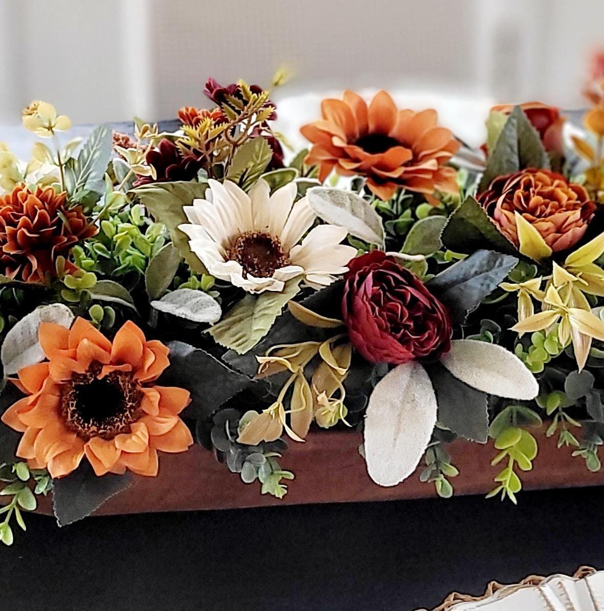 Thanksgiving Mantel Display Fall Centerpiece Arrangement Wooden Dough Bowl Sunflower Collection Artificial Autumn Florals Farmhouse Table Styling Rustic Dining Room Accent Handcrafted Silk Flowers Seasonal Home Styling Harvest Kitchen
