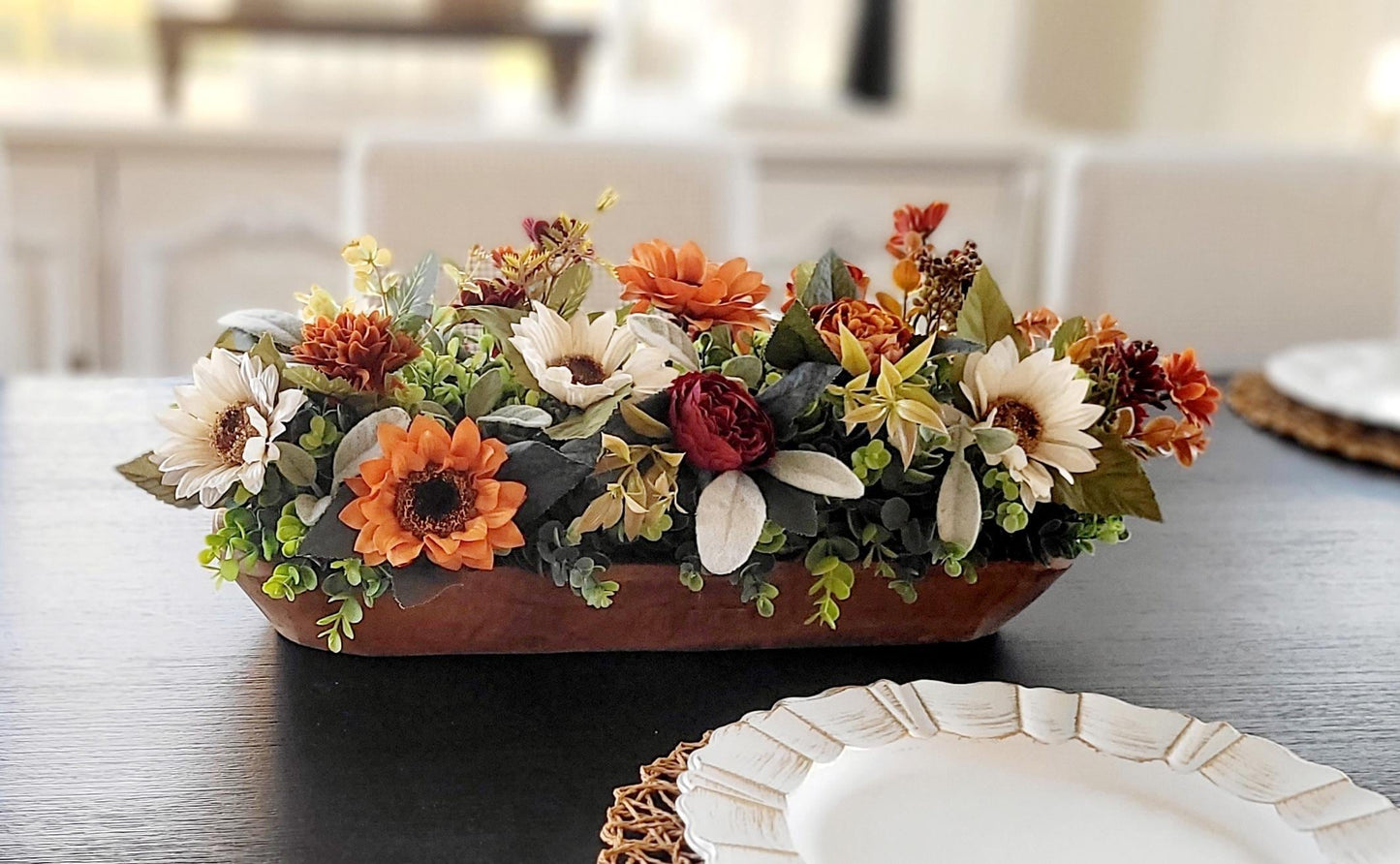 Fall Table Centerpiece – Handcrafted Dough Bowl Sunflower Arrangement