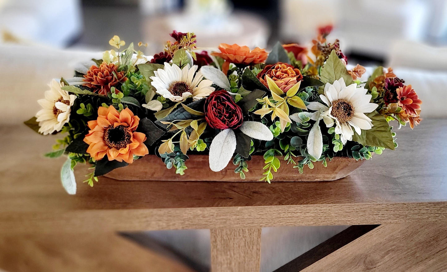 Fall Table Centerpiece – Handcrafted Dough Bowl Sunflower Arrangement