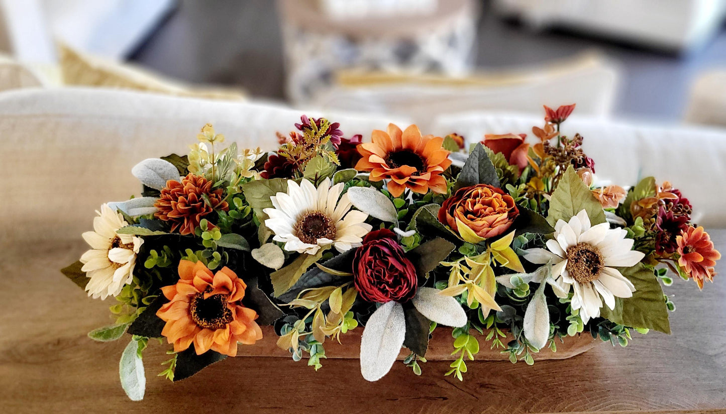 Fall Table Centerpiece – Handcrafted Dough Bowl Sunflower Arrangement