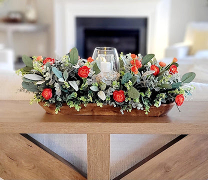 Farmhouse Dining Table Centerpiece Rustic Wooden Dough Bowl Arrangement Features Artificial Flower Collection Burnt Orange Blooms Lamb's Ear Eucalyptus Greenery Glass Hurricane Candle Holder White Pillar Candle Ready To Display Kitchen