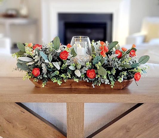 Farmhouse Dining Table Centerpiece Rustic Wooden Dough Bowl Arrangement Features Artificial Flower Collection Burnt Orange Blooms Lamb's Ear Eucalyptus Greenery Glass Hurricane Candle Holder White Pillar Candle Ready To Display Kitchen