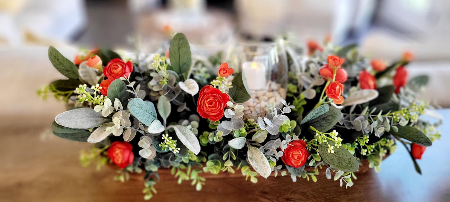 Rustic Wooden Dough Bowl Centerpiece Hand Stained Golden Brown Finish Artificial Flower Arrangement Burnt Orange Blooms Faux Succulents Lamb's Ear Greenery Glass Hurricane Candle Holder Display Perfect Farmhouse Dining Table Kitchen Counter