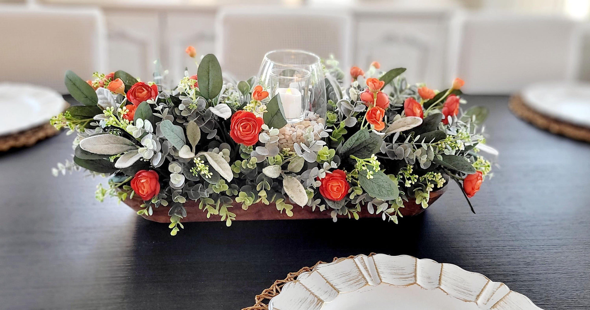 Autumn Harvest Table Centerpiece Rustic Wooden Dough Bowl Features Burnt Orange Artificial Flowers Lamb's Ear Eucalyptus Greenery Faux Succulents Glass Hurricane Candle Holder Low Maintenance Year Round Display Perfect Farmhouse Dining