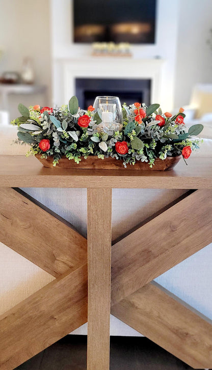 Fall Table Centerpiece – Artificial Ranunculus in Dough Bowl with Candle Holder Farmhouse