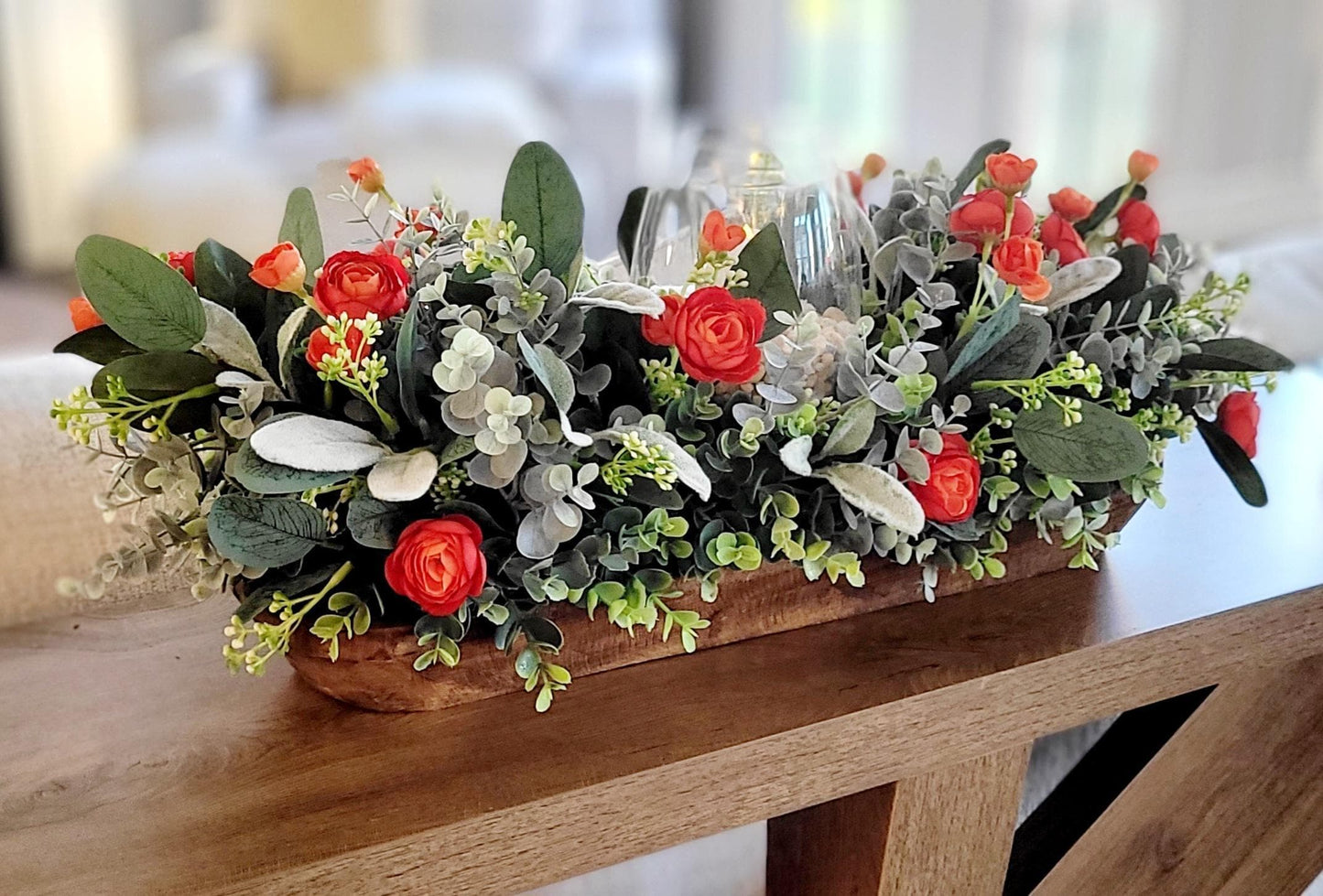 Fall Table Centerpiece – Artificial Ranunculus in Dough Bowl with Candle Holder Farmhouse