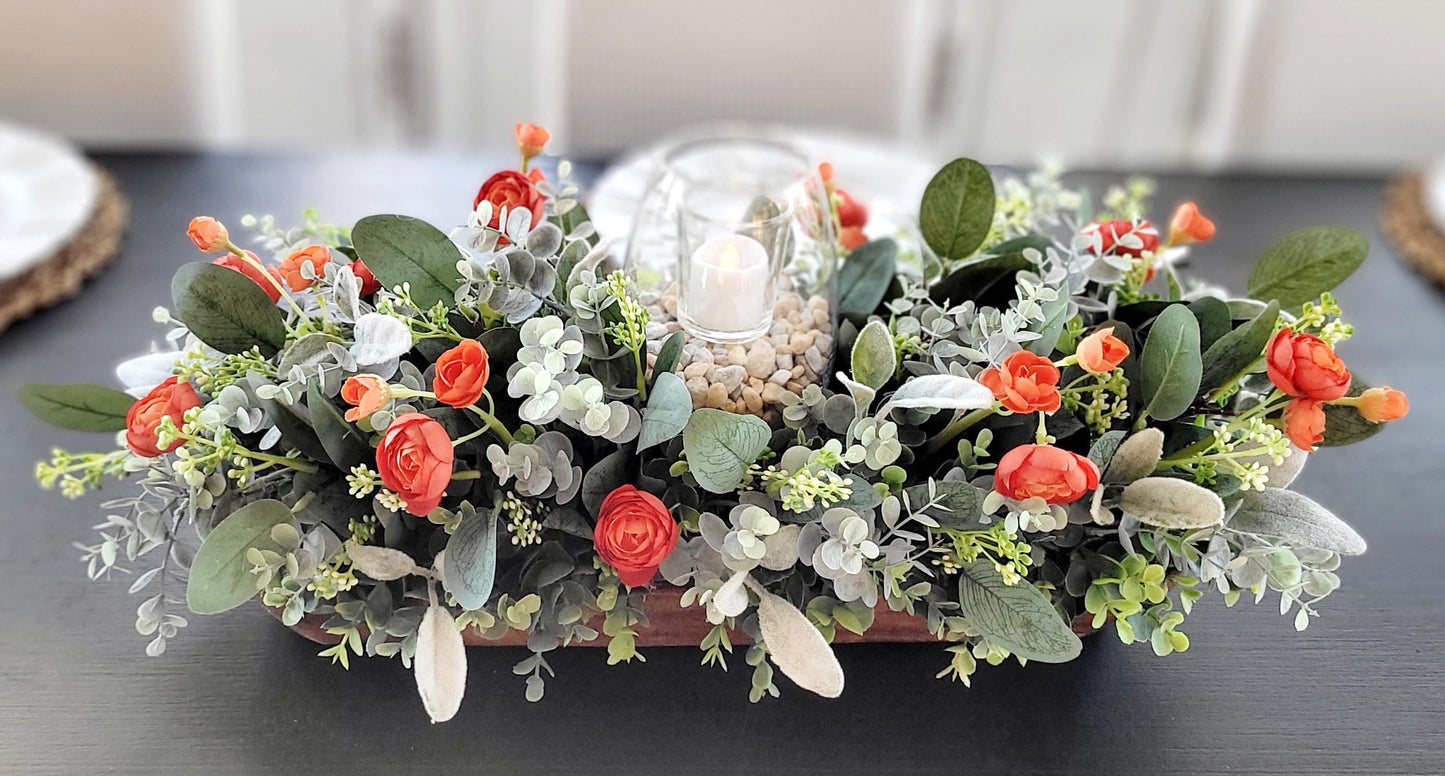 Fall Table Centerpiece – Artificial Ranunculus in Dough Bowl with Candle Holder Farmhouse