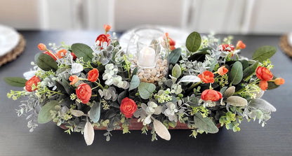 Fall Table Centerpiece – Artificial Ranunculus in Dough Bowl with Candle Holder Farmhouse