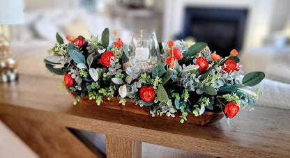Fall Table Centerpiece – Artificial Ranunculus in Dough Bowl with Candle Holder Farmhouse