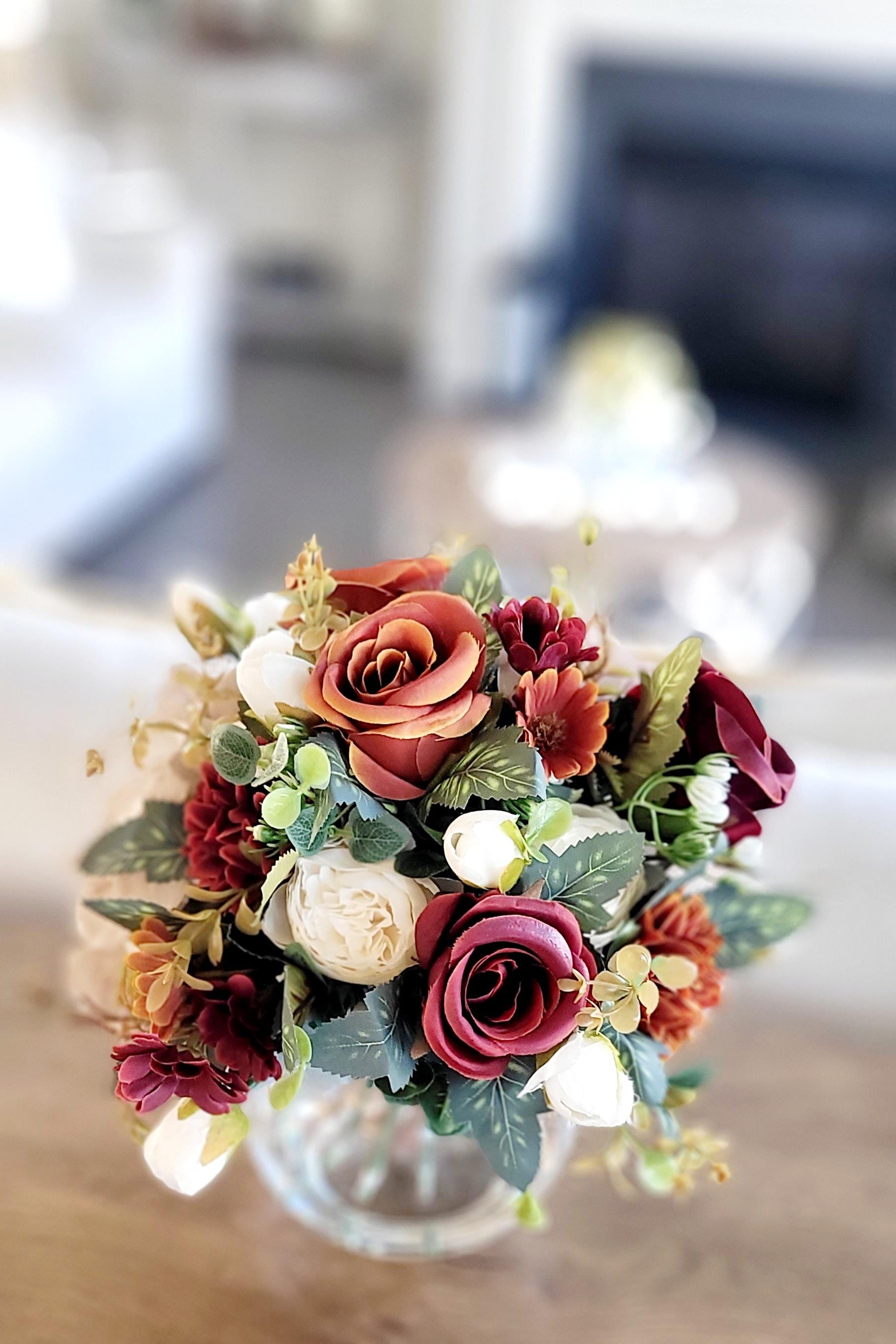 Realistic Faux Flower Display Burgundy Rose Centerpiece Glass Vase Arrangement Silk Hydrangea Eucalyptus Greenery Coffee Table Accent Living Room Mantel Styling Farmhouse Dining Table Centerpiece Maintenance Free Permanent Floral Display