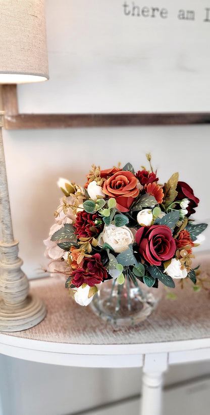 Artificial Flower Centerpiece – Burgundy Silk Roses in Glass Vase