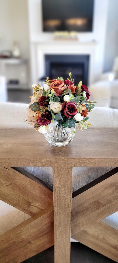Artificial Flower Centerpiece – Burgundy Silk Roses in Glass Vase