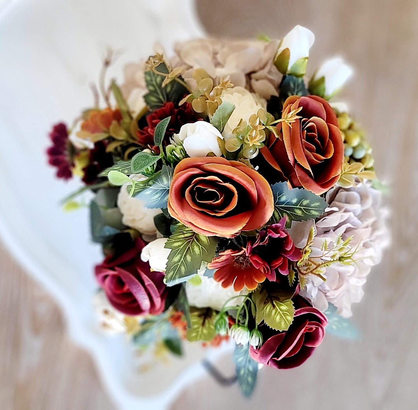Artificial Flower Centerpiece – Burgundy Silk Roses in Glass Vase