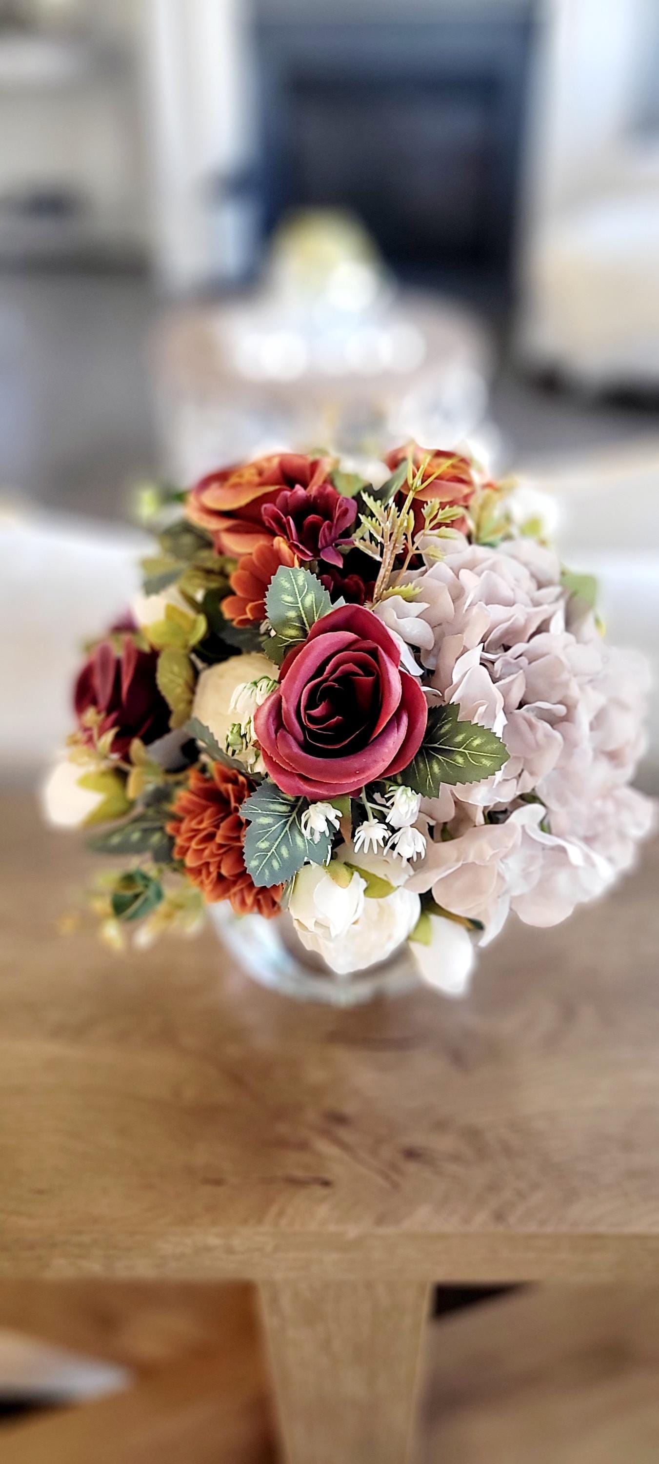 Artificial Flower Centerpiece – Burgundy Silk Roses in Glass Vase