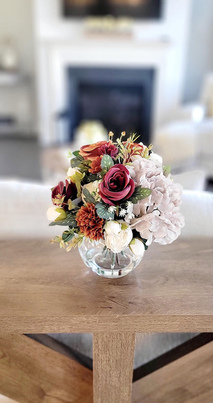 Artificial Flower Centerpiece – Burgundy Silk Roses in Glass Vase