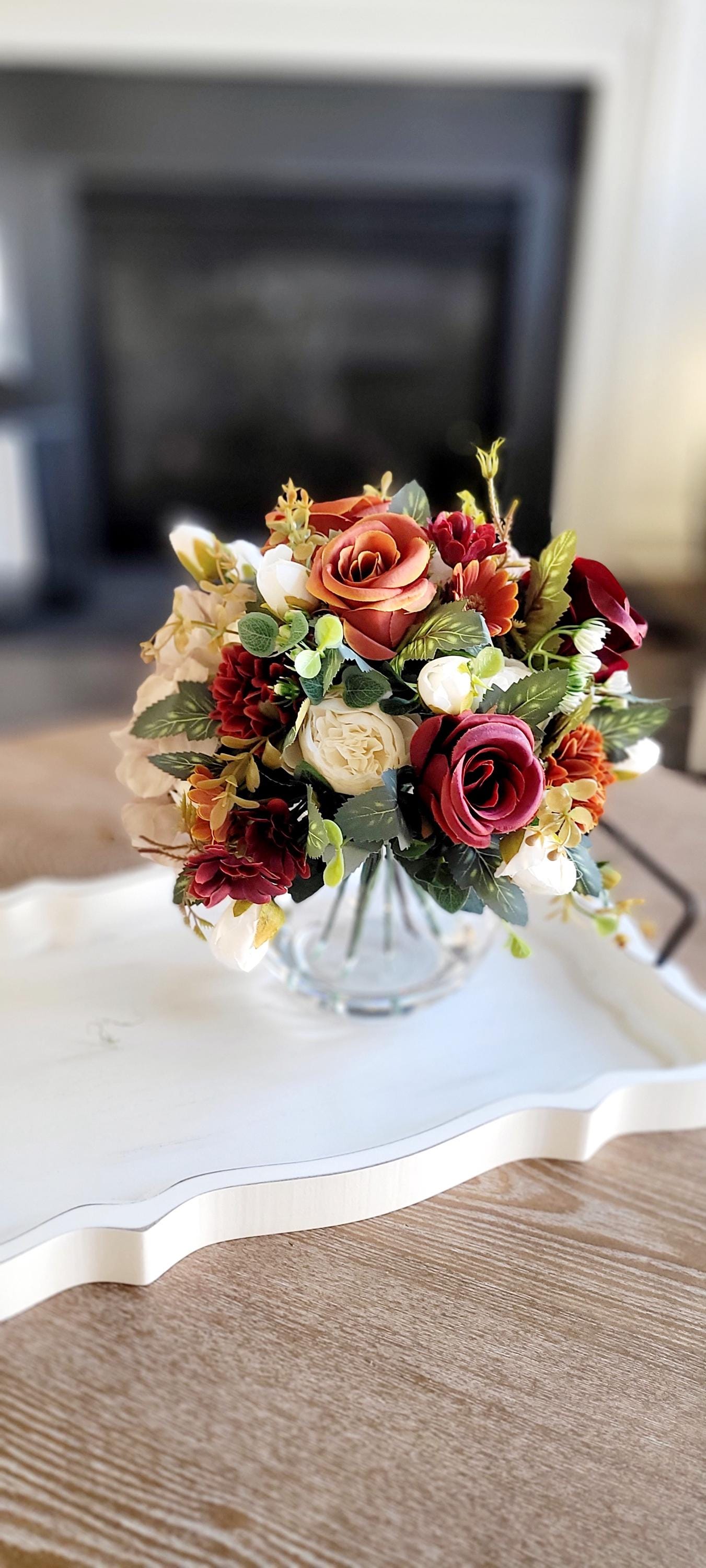 Artificial Flower Centerpiece – Burgundy Silk Roses in Glass Vase
