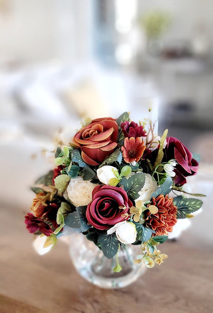 Artificial Flower Centerpiece – Burgundy Silk Roses in Glass Vase