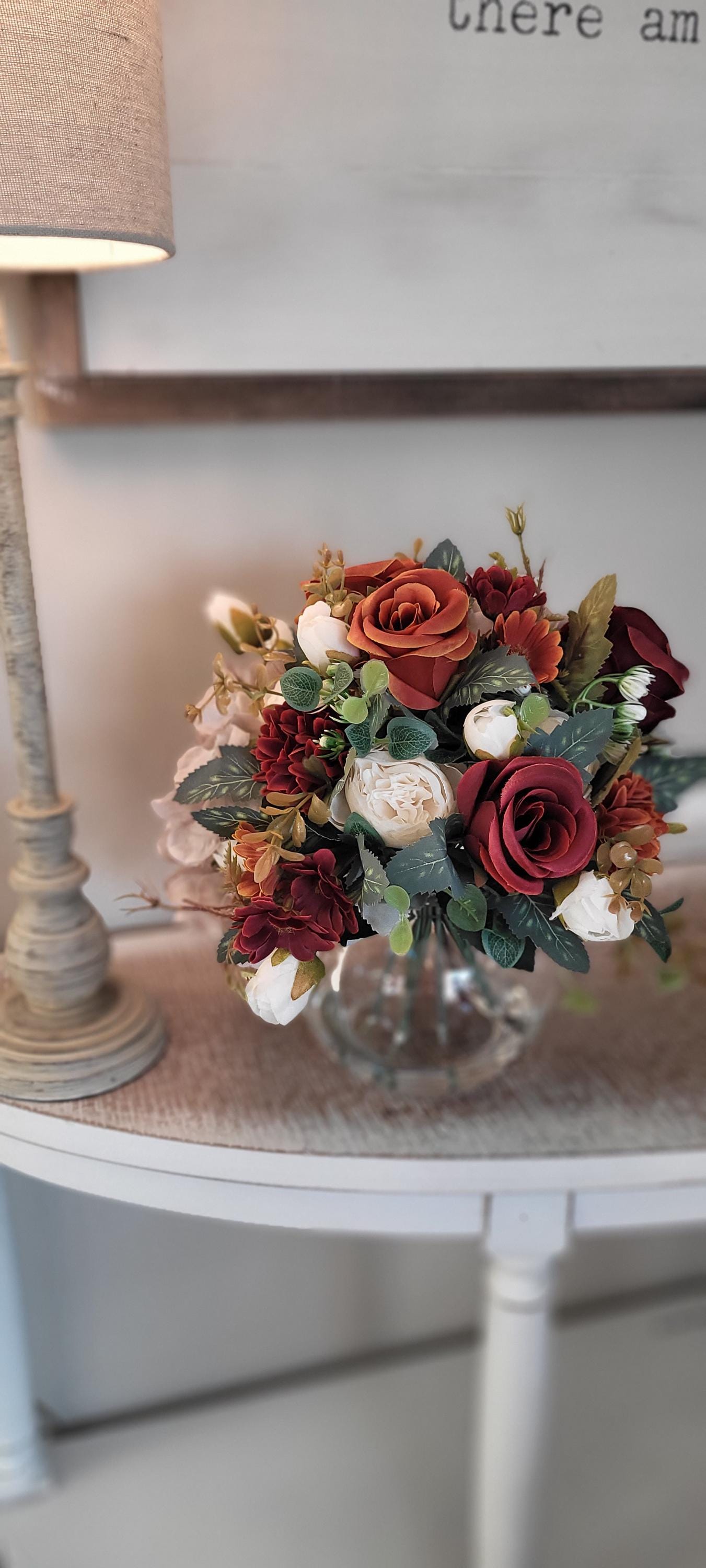 Artificial Flower Centerpiece – Burgundy Silk Roses in Glass Vase