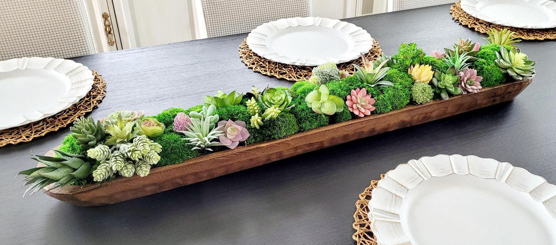 Artificial Succulent Display No Maintenance Required Farmhouse Table Centerpiece Wooden Bowl Arrangement Rustic Dough Bowl Design Faux Plant Collection Year Round Beauty Low Care Solution Perfect Dining Room Accent Modern Farmhouse Styling