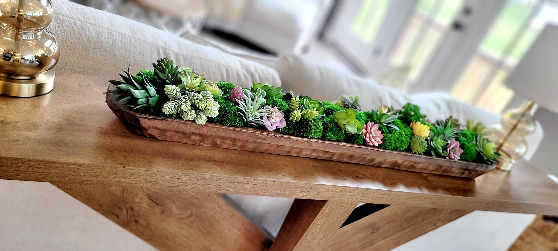 Handcrafted Faux Succulent Wooden Bowl Centerpiece Farmhouse Table Arrangement Artificial Plant Display Rustic Dough Bowl Design Modern Home Styling Premium Silk Greenery Collection No Maintenance Required Year Round Beauty Perfect Gift For