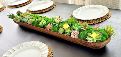 Farmhouse Table Centerpiece – Artificial Succulent in Wooden Dough Bowl