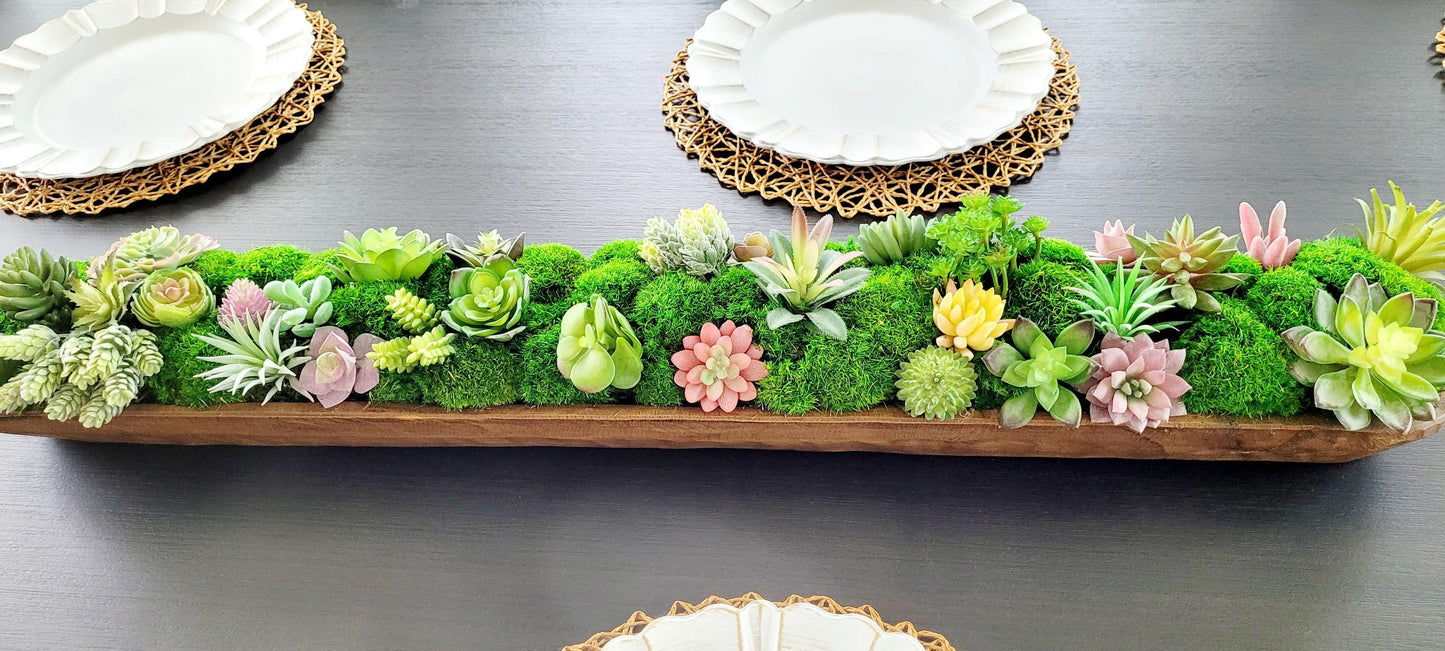 Farmhouse Table Centerpiece – Artificial Succulent in Wooden Dough Bowl