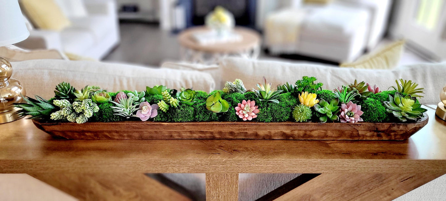 Farmhouse Table Centerpiece – Artificial Succulent in Wooden Dough Bowl