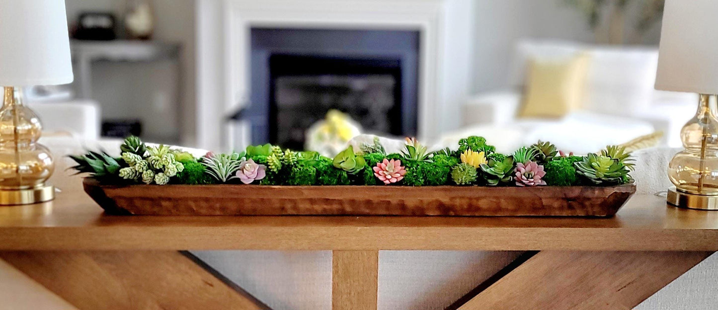 Farmhouse Table Centerpiece – Artificial Succulent in Wooden Dough Bowl