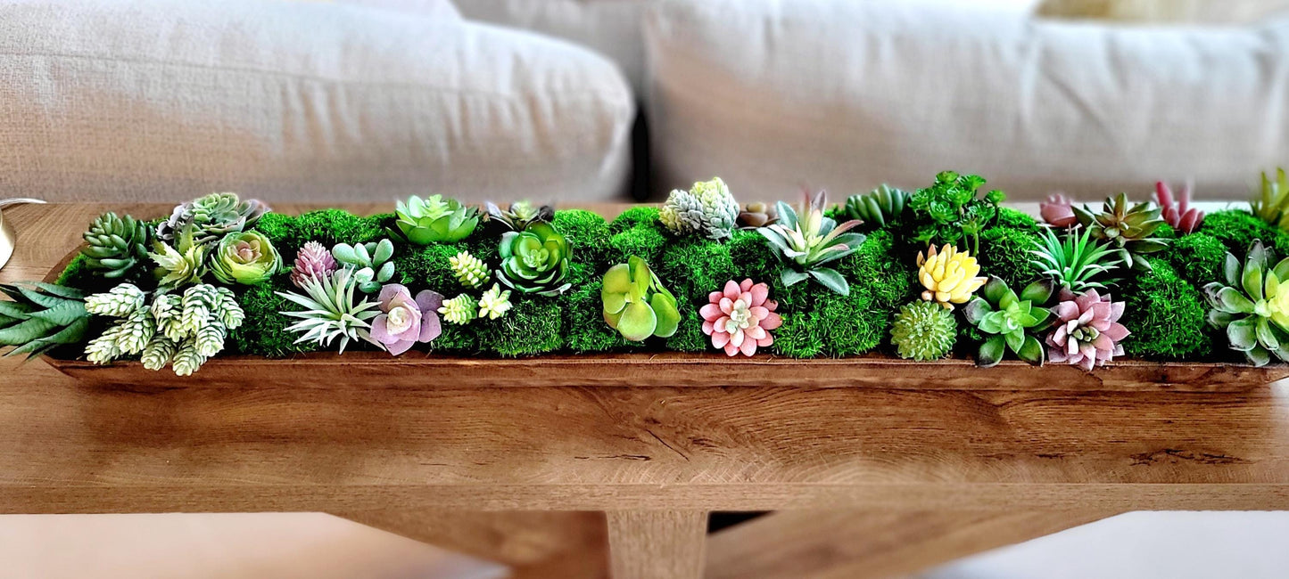 Farmhouse Table Centerpiece – Artificial Succulent in Wooden Dough Bowl