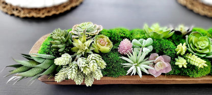 Farmhouse Table Centerpiece – Artificial Succulent in Wooden Dough Bowl