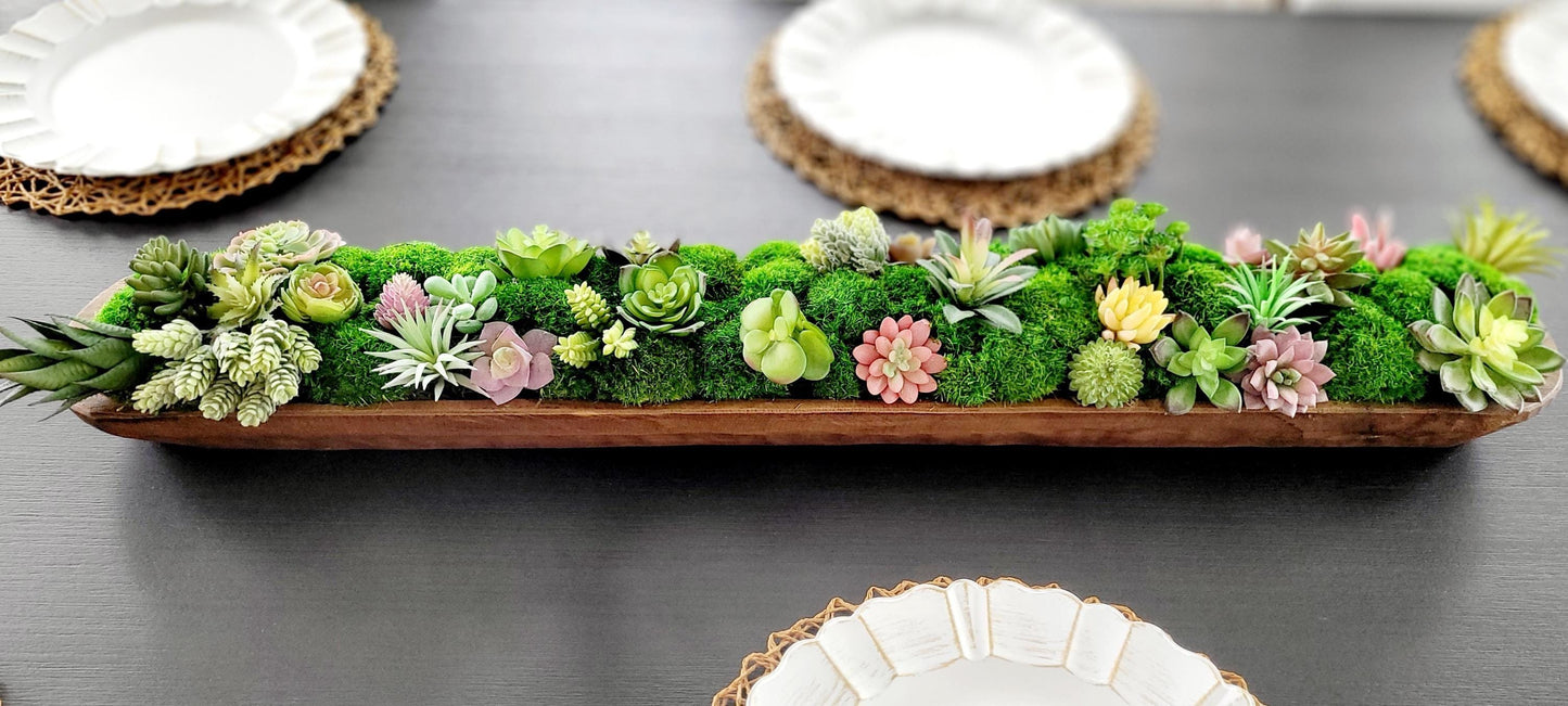 Farmhouse Table Centerpiece – Artificial Succulent in Wooden Dough Bowl